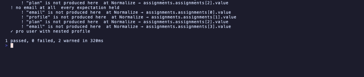 Terminal output of workflow-tester run on workflows/signup.json after a one-line fix: the case pro user with nested profile passes; two other cases hold every expectation and warn that some fields are not produced at the Normalize node; summary 1 passed, 0 failed, 2 warned.