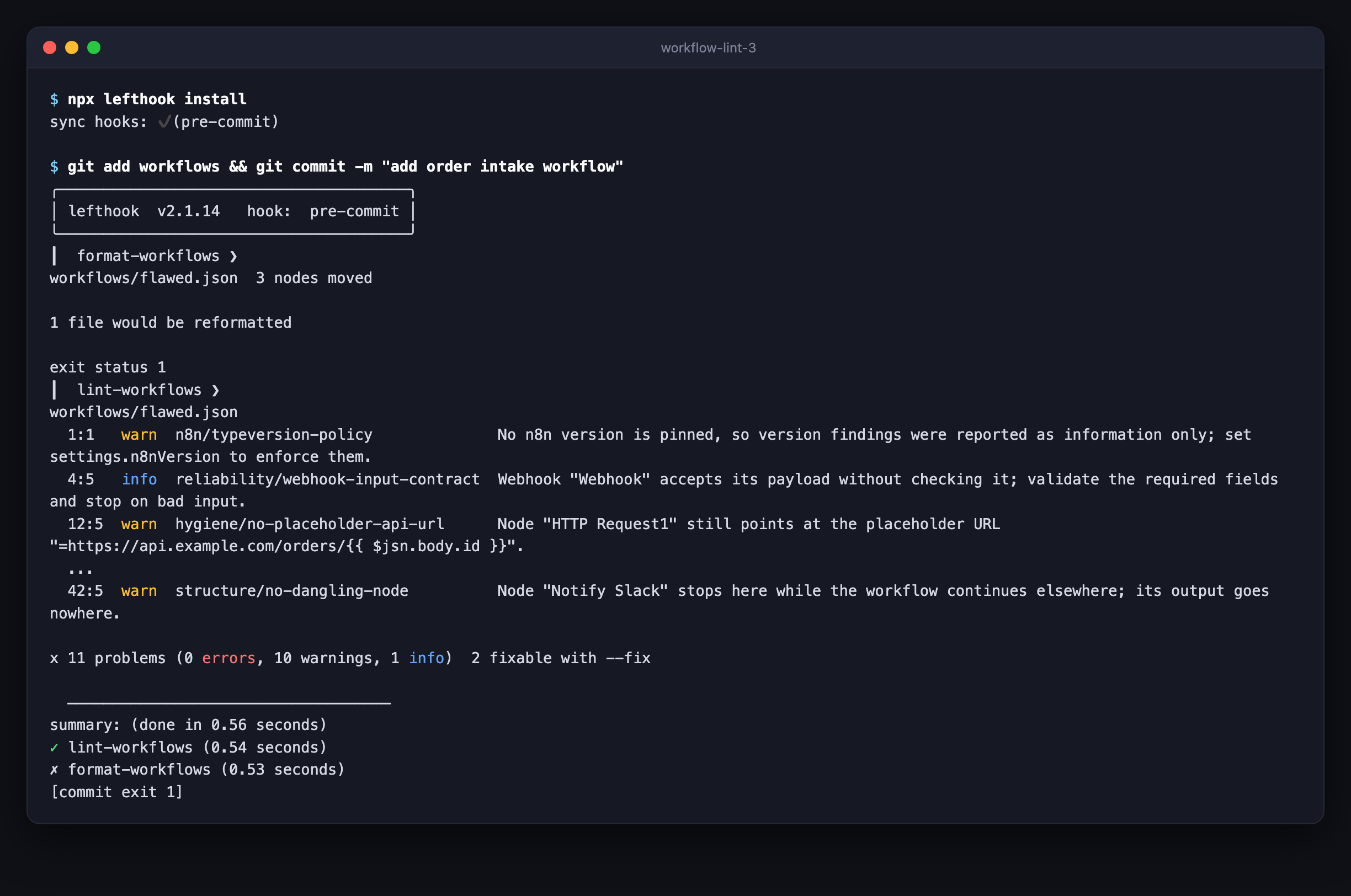 The pre-commit hook blocking a commit: fmt wants three nodes moved and lint lists its findings